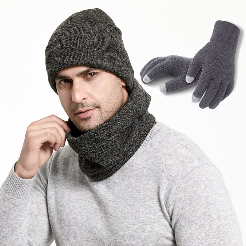 Winter Men Hats Scarves Gloves Set Knitted Plus Velvet Hat Scarf Set Kit Male 3 Pieces/Set Beanies Scarf Glove: DeepGray