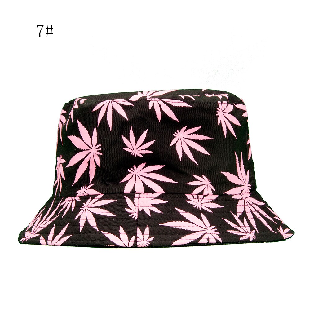 Spring and Summer Fisherman Hat Women's Cotton Maple Leaf Printed Hat Bucket Hat Men's Korean-Style Sunbonnet Sun Hat: 7Black pink leaves