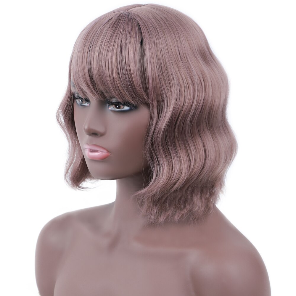 MODERN QUEEN 12" Short Water Wave Wig with Bangs Mix Grey Synthetic Wigs for Women Brown Cosplay Bob Wigs Female Daily Party: Bo teng se wig