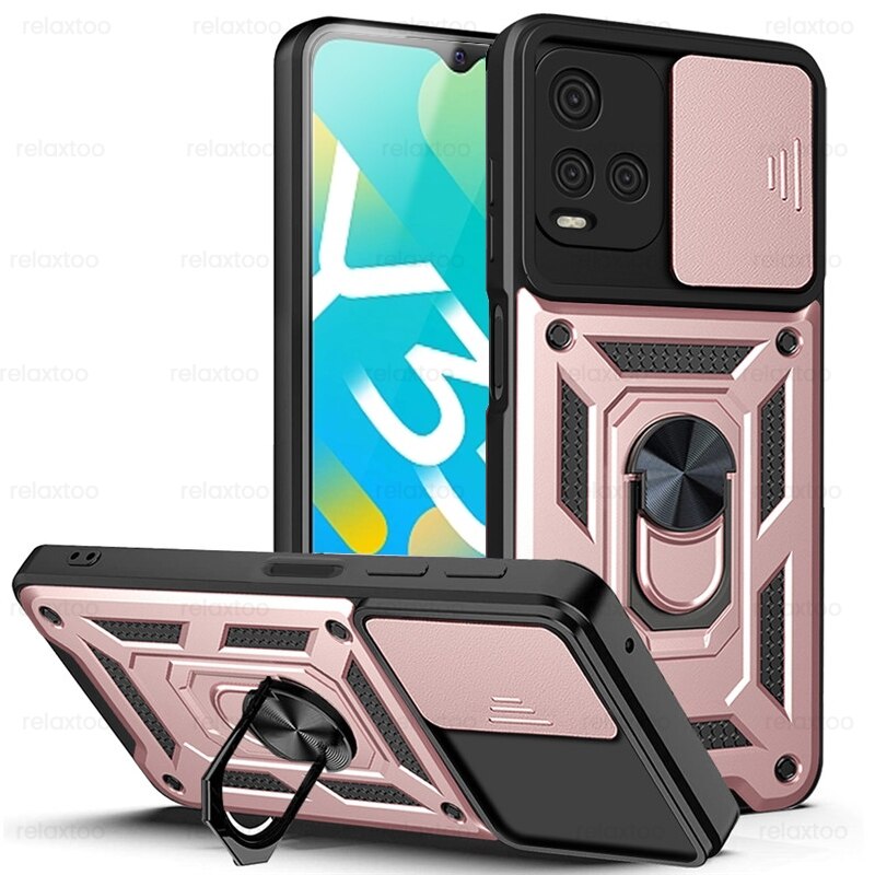 Slide Camera Shockproof Armor Case Voor Vivo Y33S Y 33S V2109 6.58 &quot;Auto Magnetische Ring Holder Stand Cover vivoy33s Beschermen Shell: Rose Gold-06
