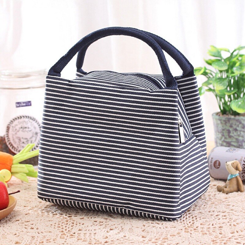 Neueste Lunch Bag Isolierte Kalten Leinwand Streifen Picknick Tragen Fall Thermische Tragbaren Mittagessen Box Frauen Kinder Männer Lunch Box Tasche tote: blue stripe