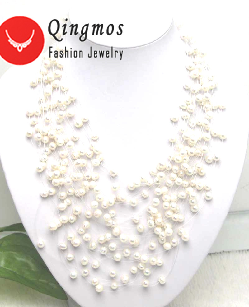 Qingmos Pearl Necklace for Women - 6-7mm Round Freshwater Pearls - 8 to 20 Strands - 18-20 Inch Length: White 20 strands
