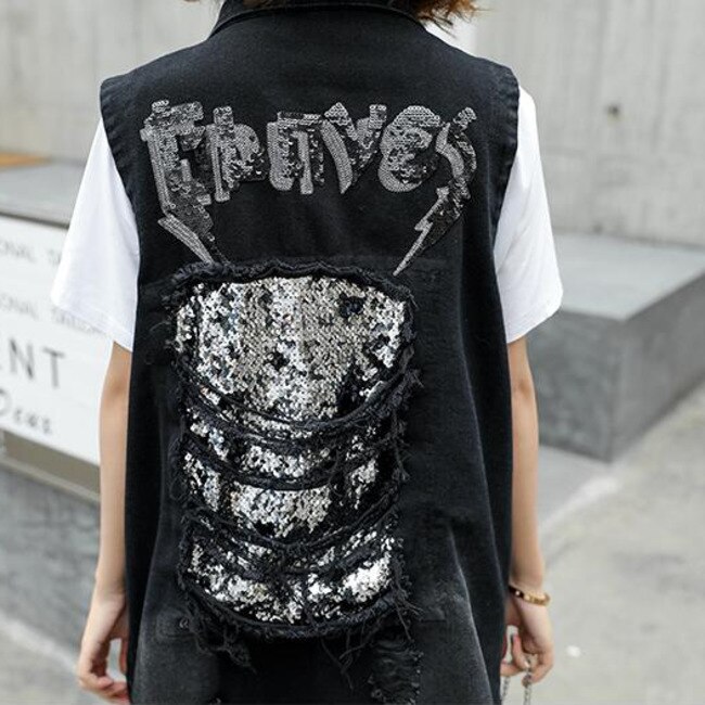 #3119 Black Long Denim Vest Women With Sequins Harajuku Streetwaer Woman Vest Waistcoat Vintage Sleeveless Jacket Big Pockets