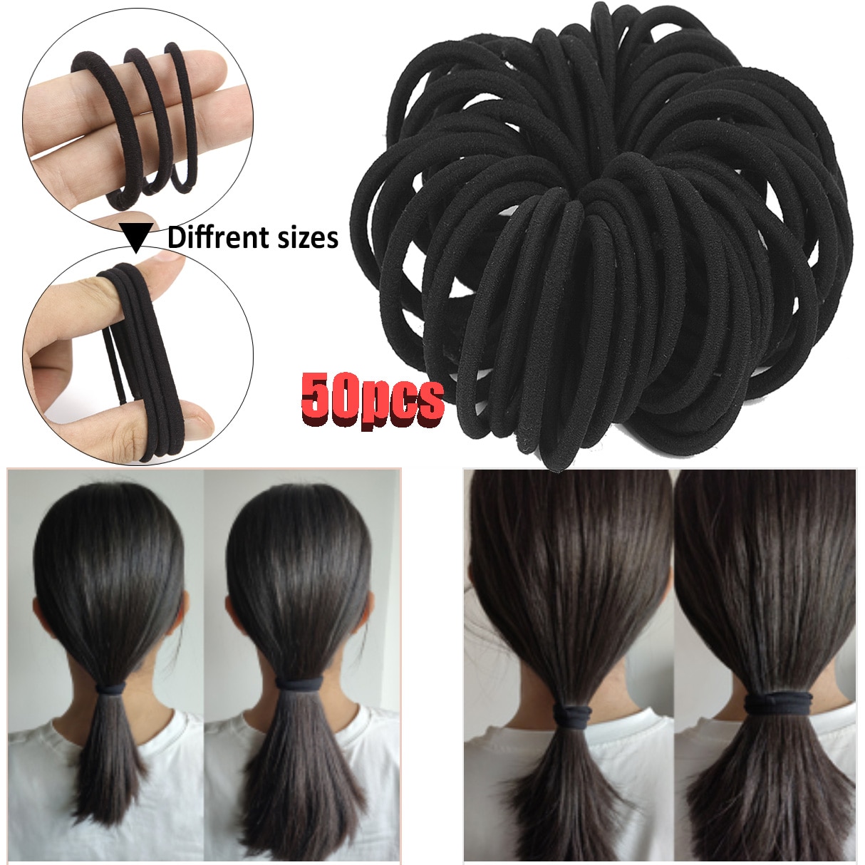 50 Stuks Elastische Haarbanden Basic Haar Banden Zwart Rubber Bands Voor Vrouwen Meisjes Haarband Paardenstaart Houder Verschillende Maten