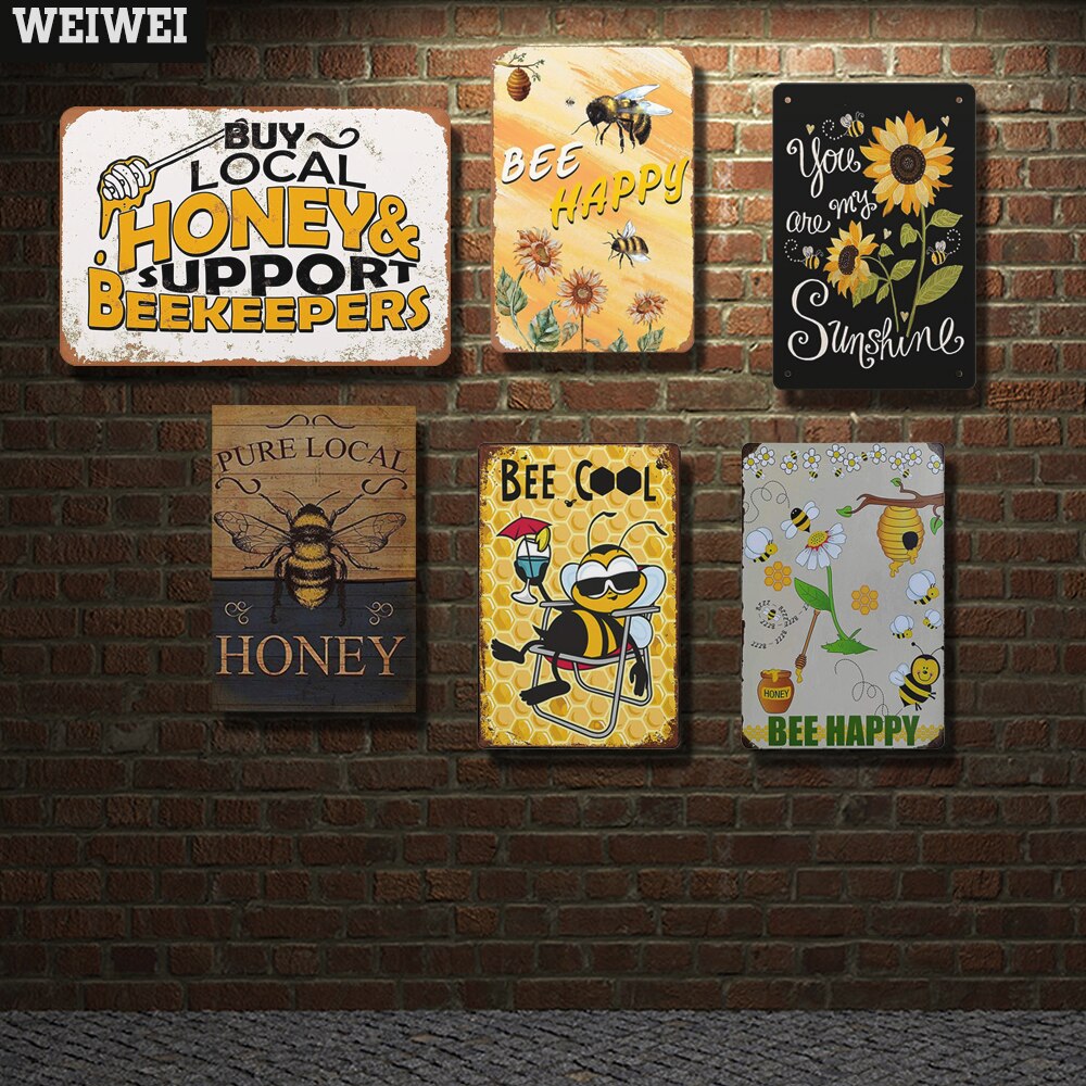 Affiche de miel Happy Bee, Plaque métallique en fer blanc, décoration murale pour jardin, ferme, apiculteur, avertissement, plaques en fer Vintage