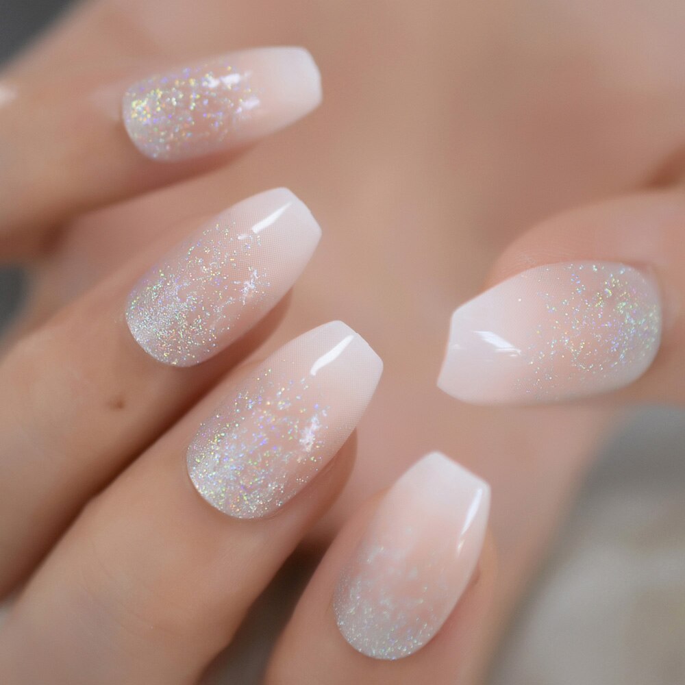 Faux Ongles blancs, à paillettes, ombrés, pointes Stiletto, personnalisés, avec strass et nœud papillon pour décoration: L5176