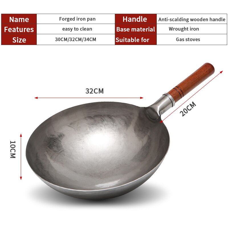 Konco Chinese Traditionele Hand Geslagen Wok, Geen Coating Ijzeren Wok Met Houten Handvat, non-stick Pan Keuken Kookgerei