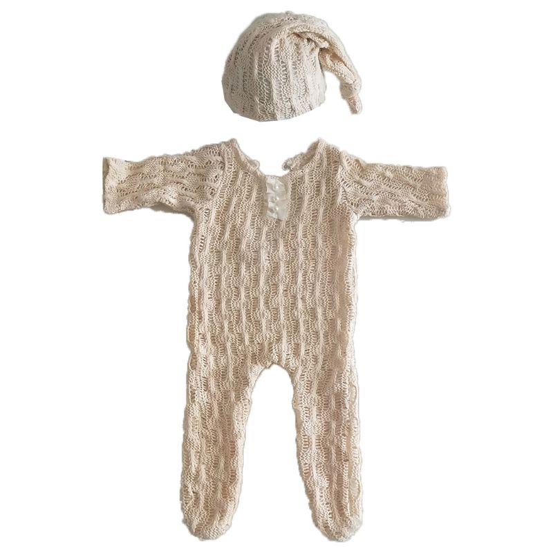 2 Stuks Pasgeboren Fotografie Props Pak Romper + Hoed Set Lange Mouw Jumpsuits Bodysuit Handgemaakte Knit Outfit Kleding Zuigelingen Douche: Beige