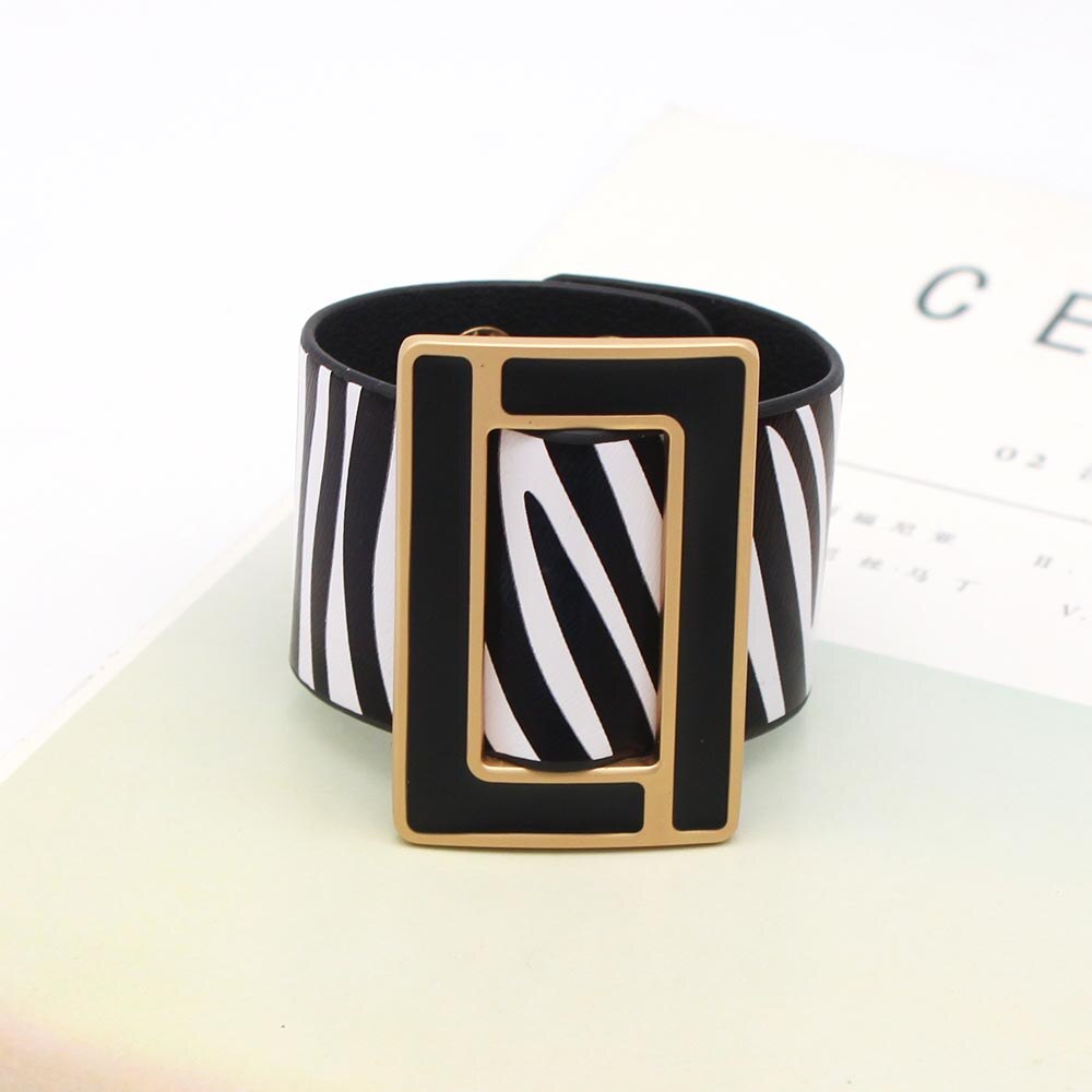 Mode Brindle Brede Leren Armband Voor Vrouwen Zwart Wit Geometrische Metalen Armband Wrap Charm Sieraden Femme