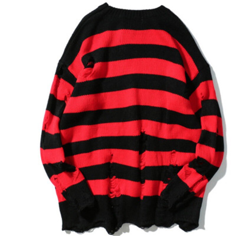 Svart rød stripete gensere vasket ødelagt revet genser menn hullstrikkegensere menn kvinner oversized genser harajuku: Rød / Xl