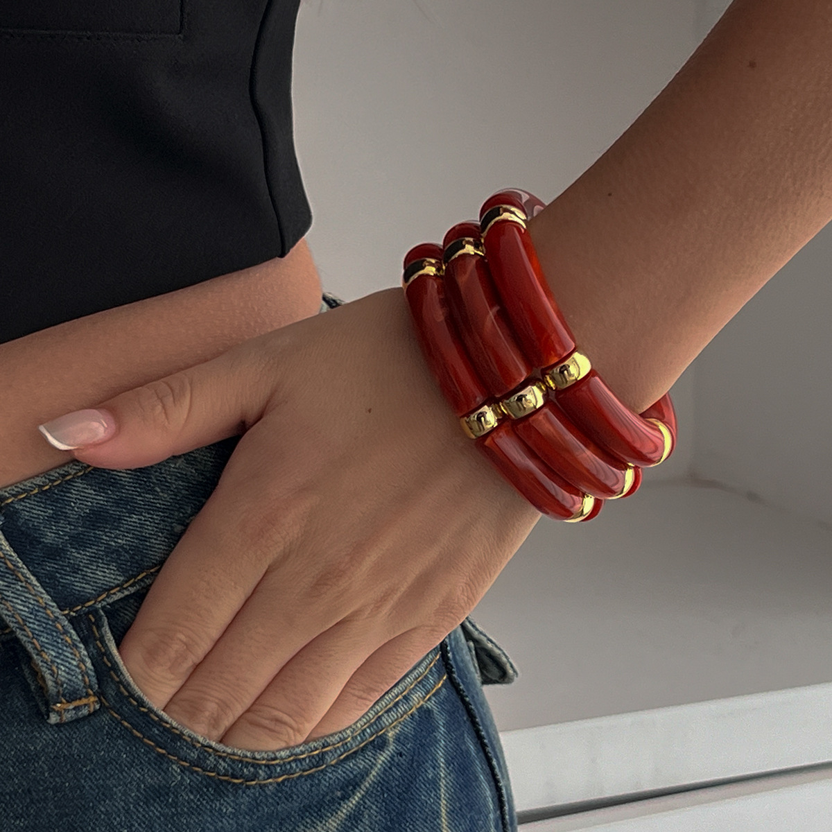KMVEXO Vintage Acrylic Bamboo Beads Bracelet for Women Multi Color Stretchy Resin Girls Charm Couple Bangles Men Jewelry: Imitation Rhodium Plated