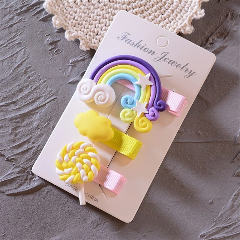 Hair Pins Baby Beauty Hair Pin Accessories Hairclips for Girls Rainbow Cheap 3pcs/set Cute Cloud Lollipop Kids Hairpins Headwear: Yellow