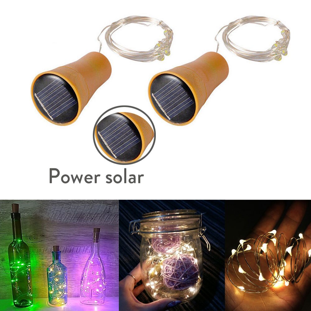 Luces solares para botellas de vino, 10LED, 15LED, 20LED, forma de corcho, guirnalda de luces navideñas, alambre de cobre, lámpara decorativa para habitación del hogar