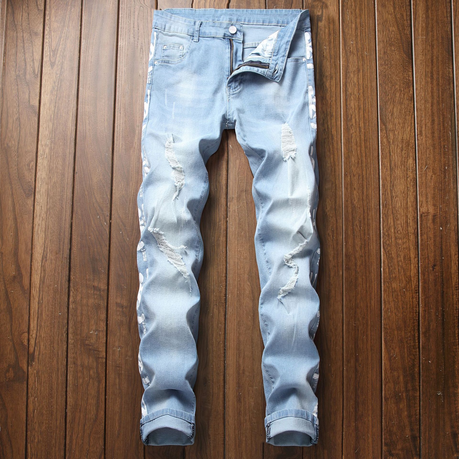 Herr streetwear slitna jeans hål stretchtryckta jeansbyxor för män långa klassiska slim fit byxor för herrkläder