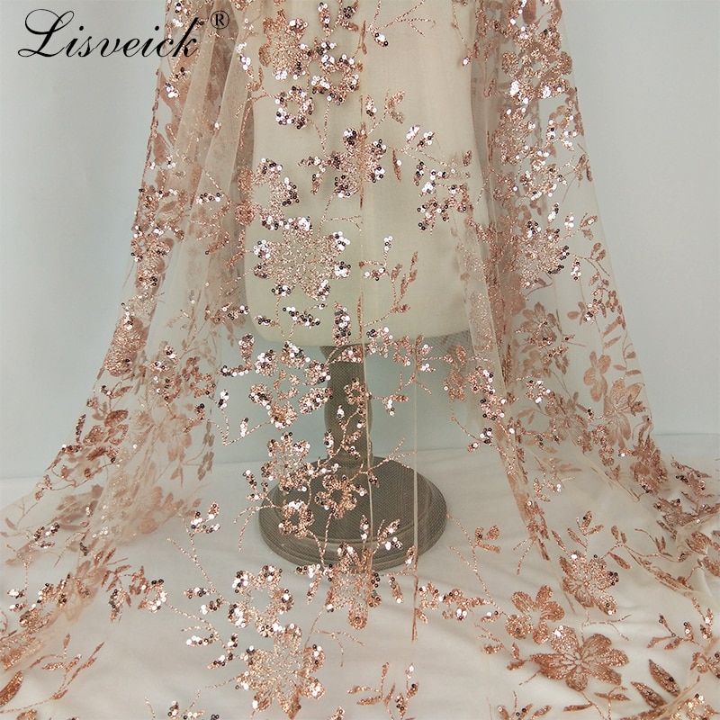 Nowy 1 stocznia złoty jedwab haftowany kwiat tiulowa siatka koronkowa tkanina zdobiona cekinami na wieczorowa suknia ślubna dodatki odzieżbyć winnym