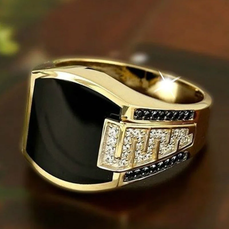 Anillo clásico para hombre, anillos Punk de circón de piedra negra con incrustaciones de Color dorado y Metal a la para hombre, joyería de lujo para boda y compromiso