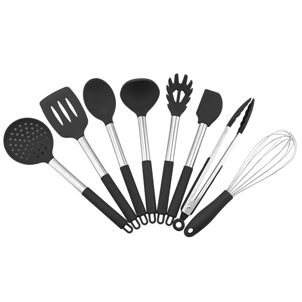 Kitchen Utensil Set 8pcs / Set Cooking Utensils Silicone And Stainless Steel Utensil Set Nonstick Spatula Set Cooking Tool Sets: Black
