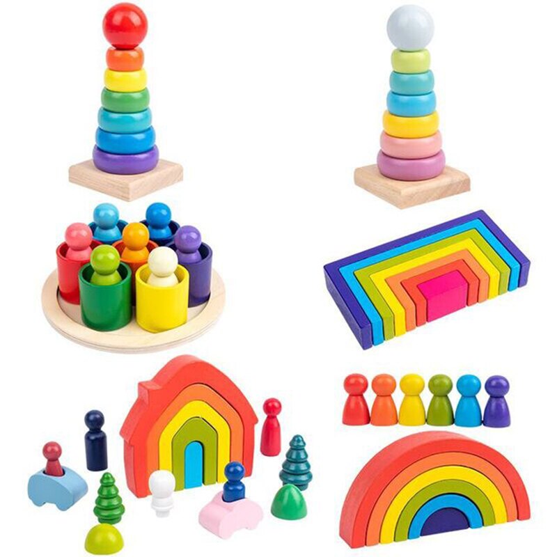 Wooden Rainbow Block Stacker mini Stacking Game Wooden Toys Nesting Puzzle Building Blocks Montessori Educational Toy for Kids