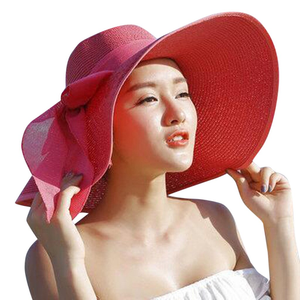 Jygee Flat Straw Hat Small Brim Sun Hat Women Girls Summer Beach Cap  Bowknot Cap Headdress Headwear Red