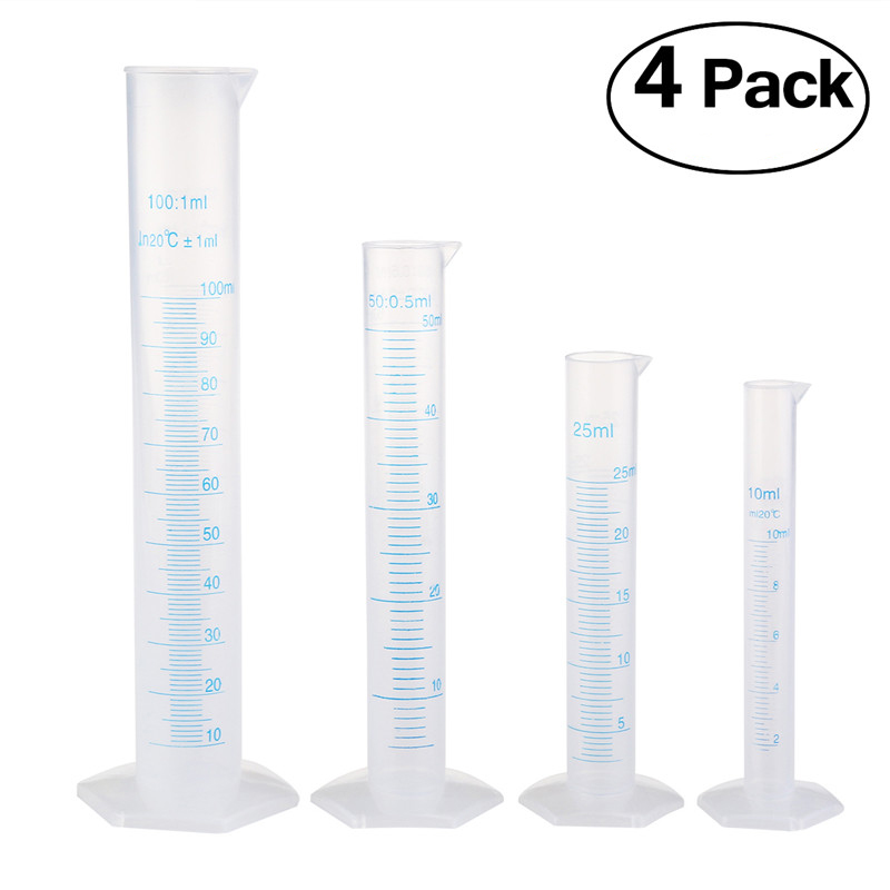 4 stks/set Transparante Meten Plastic Afgestudeerd Cilinder Lab Maatbeker Laboratorium Gereedschap 10 ml/25 ml/50 ml /100 ml