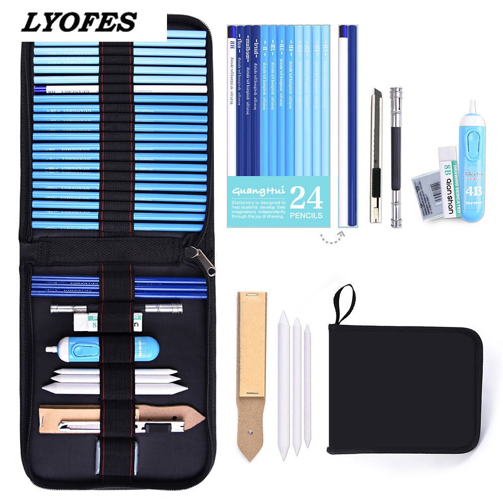 24/38Pcs Professionele Schets Potlood Set Professionele Schetsen Tekening Kit Hout Potlood Potlood Zakken Scholieren Art Supplies: 24 pen whit bag