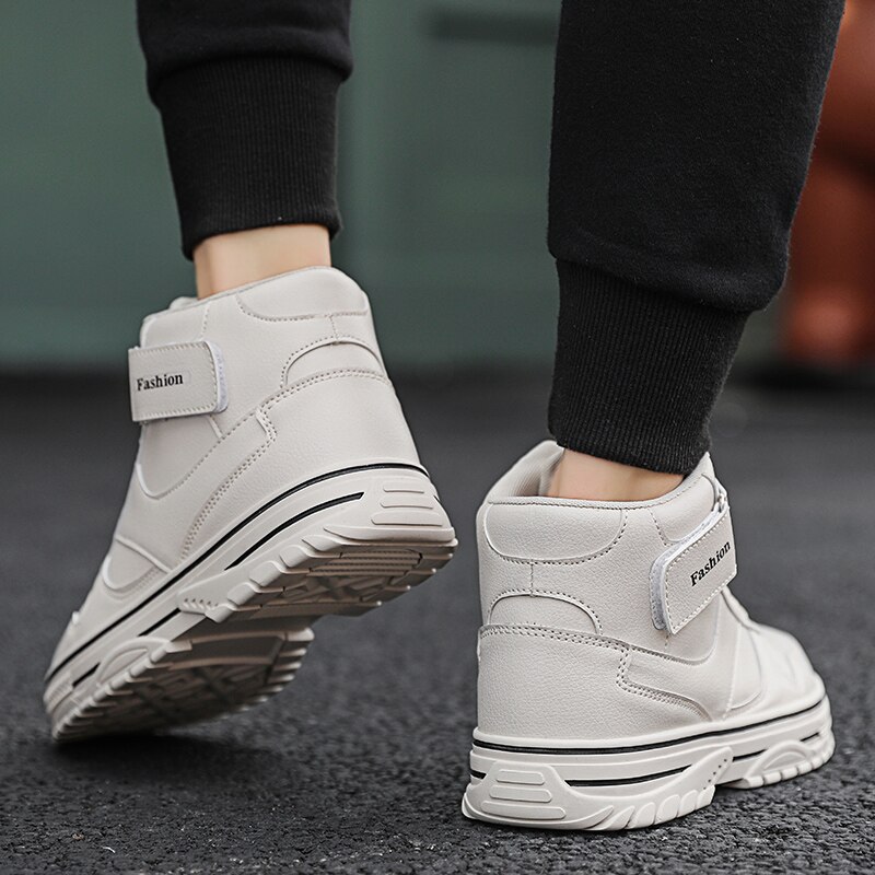 Winter Men's Leather High Cut Casual Shoes White Beige Ankle Boots Man