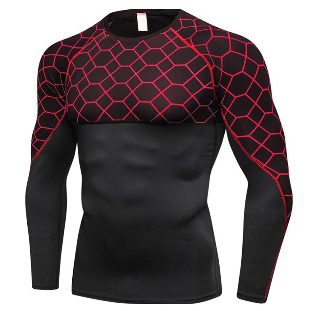 Mannen sneldrogende Strakke Ademend Gedrukt Sport Shirt met Lange Mouw Ronde Hals KH889: Rood / XXL