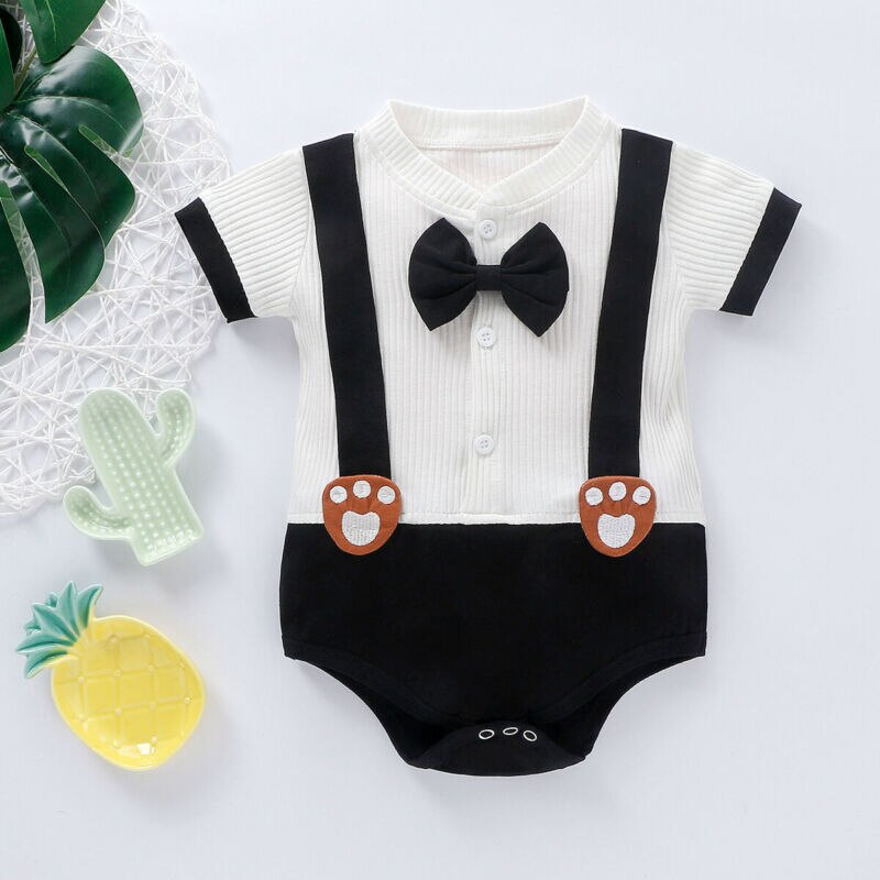 Pudcoco Toddler Baby Boy Bodysuit Gentleman Clothes Outfit Patchwork Short Sleeve Bodysuit Jumpsuit W/Tie Clothes Set 0-24M