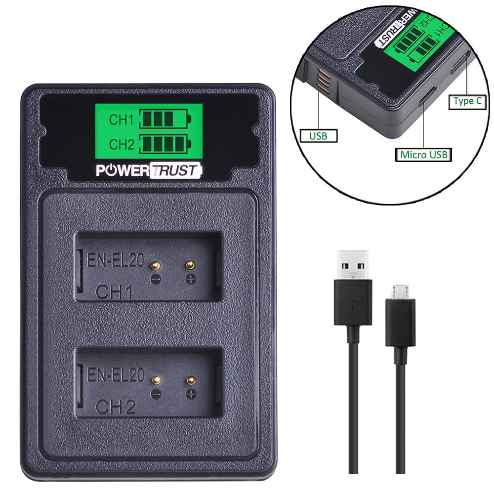 Nei -el20 en-el20a el20 en el20 batteri + lcd usb dobbel lader med type c-havn til nikon coolpix  p1000 nikon 1 j1, j2, j3 nikon 1 aw1