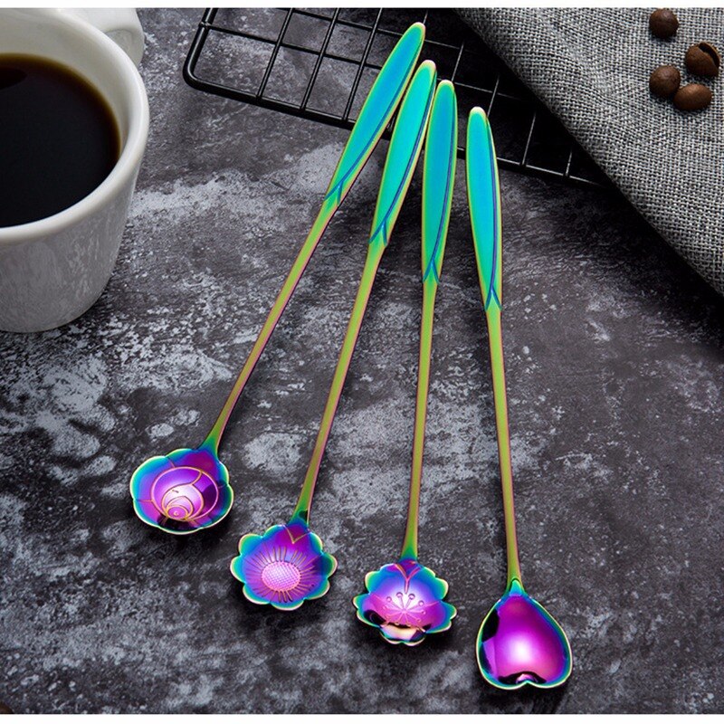 16 Types Stainless Steel Spoon With Long Handle Ice Spoon Coffee Spoon Flowers Heart Shape Dessert Spoon Kitchen Gadget