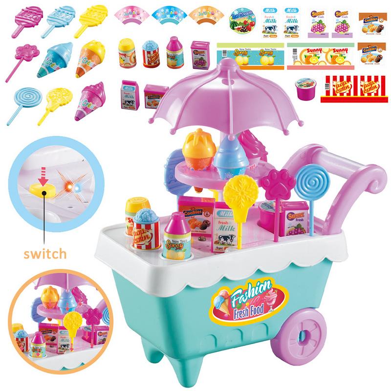 19PCS Kids Simulation Candy Ice Cream Trolley Mini Pusher Car Toy Candy Ice Cream Supermarket Music Kids Pretend Play Toys