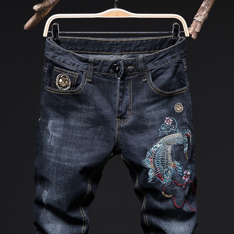 Pantalones vaqueros rasgados para hombre, jeans ajustados con bordado de carpa, ropa de calle, elásticos, ajustados, para motocicleta