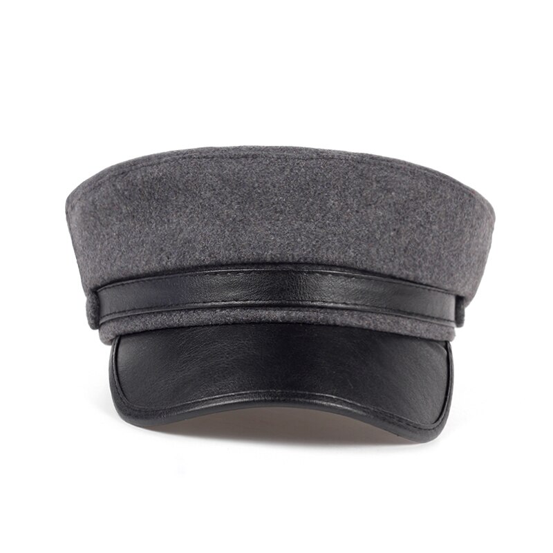 Boina de lana con vosor para hombre y mujer, gorro cálido de cuero azul marino para viajes al aire libre, invierno,