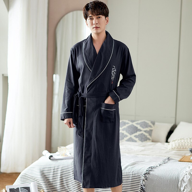 Primavera bata otoño hombres 100% de algodón top para dormir batas Kimono para hombre sólido batas bata de baño larga novia Bata