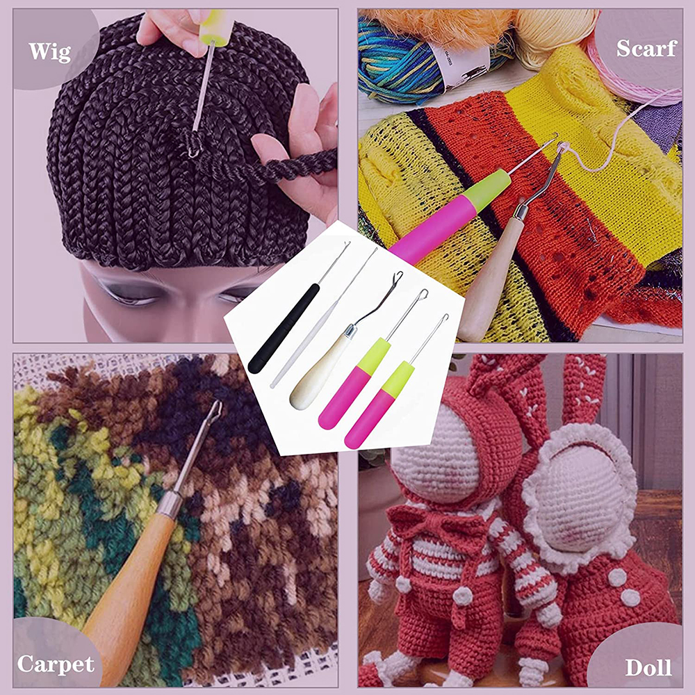 Herramienta de gancho de pestillo, ganchos de agujas de ganchillo, Kit de agujas de gancho de pestillo de plástico, gancho de pestillo doblado para fabricación de alfombras y cabello trenzado de ganchillo, 7/5 Uds.