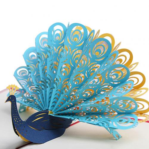 Peacock 3D Pop Up Paper Greeting Card Festival Birthday Christmas: Blue