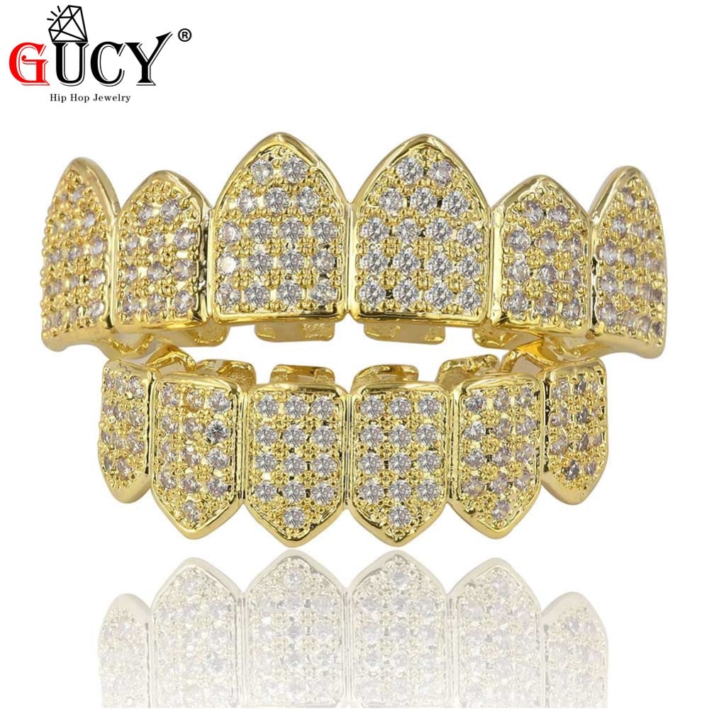 GUCY Gold Color Plated Hip Hop Teeth Grill Caps Micro Pave CZ Top & Bottom GRILLZ Mouth Tooth Grills Set