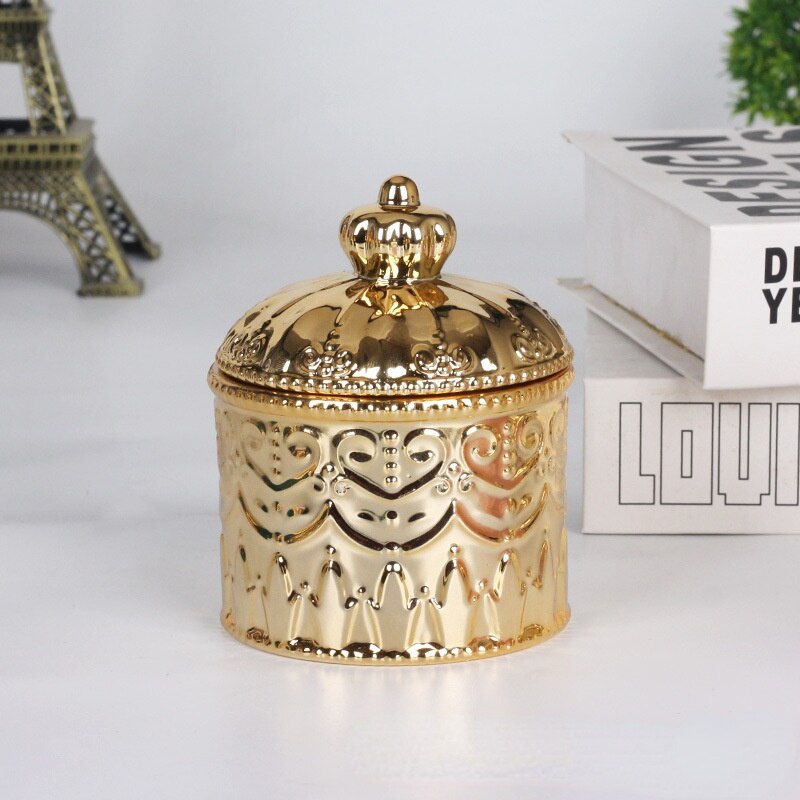 European-style Electroplating Ceramic Storage Jar Display Box Crown Jewelry Box with Lid Desktop Ornaments Home Storage Supplies: gold