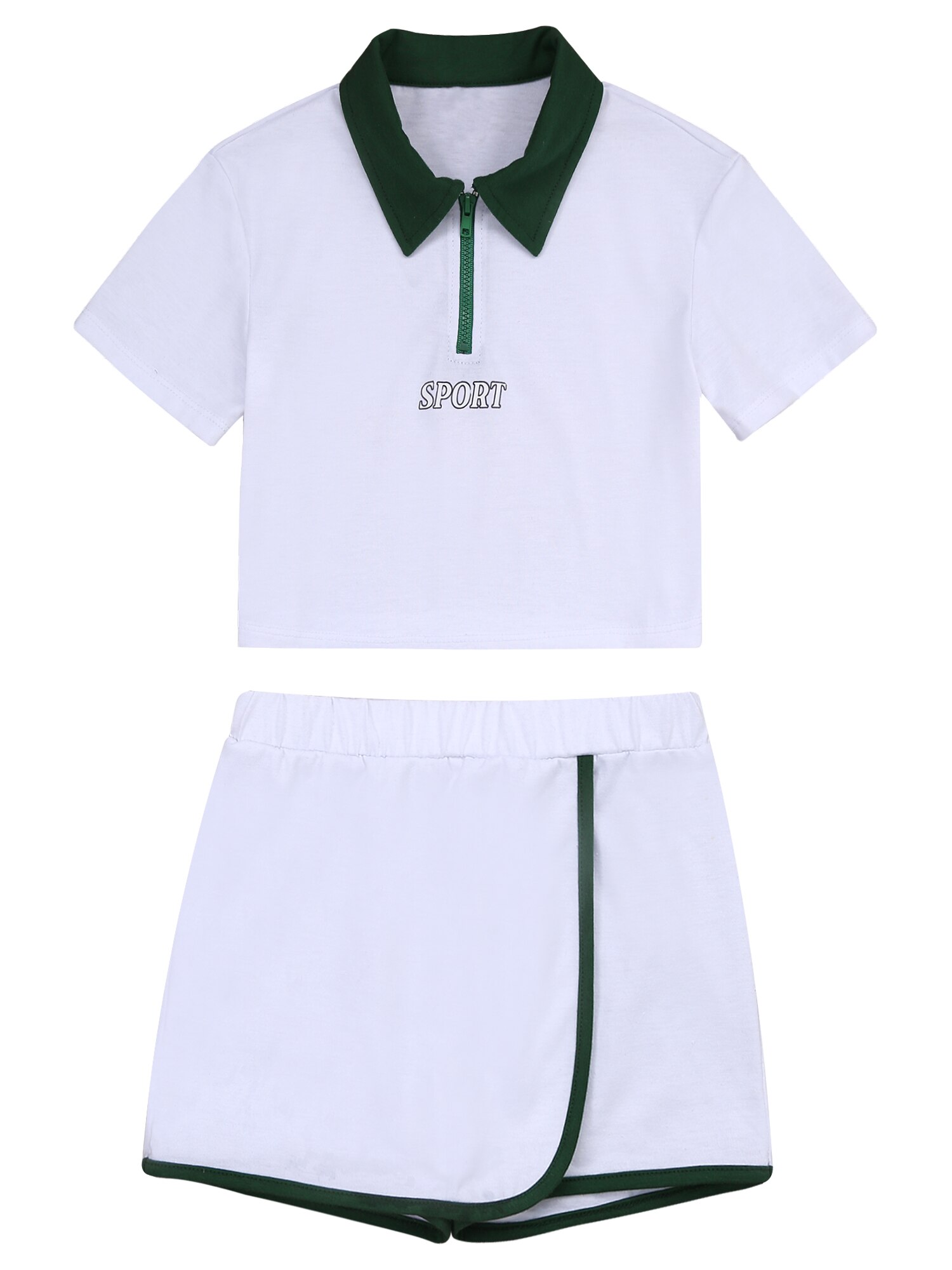 Children Girls Sport Outfits Tennis Sportswear Short Sleeves Zipper Stretchy Tennis Badminton T-shirt Shorts Set Kids Activewear