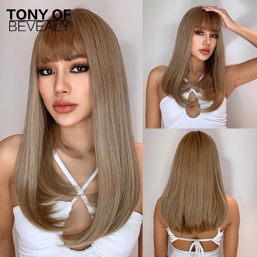 HAIRCUBE Brown Highlight Synthetic Wigs Long Straight Wigs With Bangs for Women Natural Hair Cosplay Heat Resistant Fiber Wigs: T4/27/30
