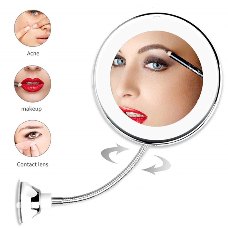 Make-Up Spiegel Met Led Licht En Zuignap 10X Vergroting Flexibele Verstelbare Hoek Muurstickers Of Stand Cosmetische Spiegel