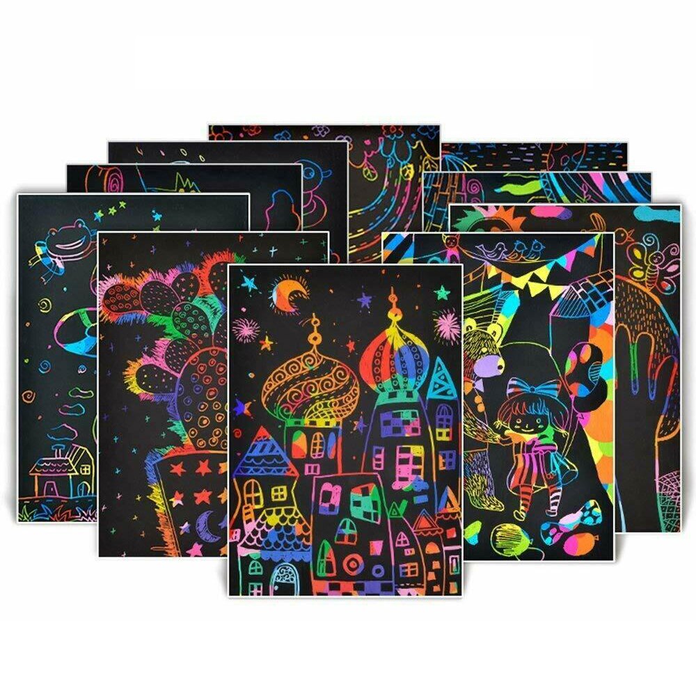 50 Sheets Scratch Art Paper Magic Rainbow Painting Doodle Boards 5 Wooden Stylus
