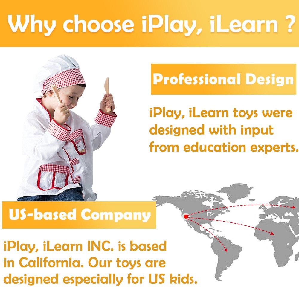 iPlay, iLearn Chef Role Play Costume, Kids Cooking Dress up Clothes for 3, 4, 5, 6, 7 Year Old Kids