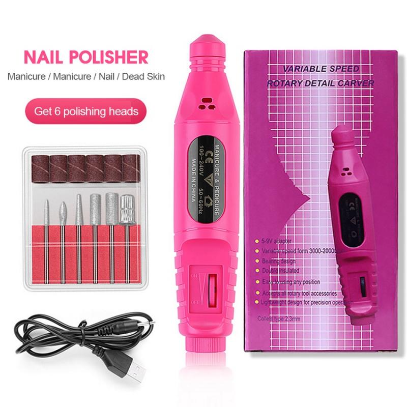 1 Set Nail Elektrische Machine Boor Kit Usb Opladen Manicure Machine Pedicure 6 Bits Schuren Buffer Nagelvijl Nail Art pen TSLM1