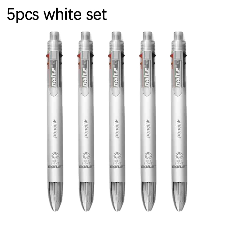 5pcs Multi-colour 6 in 1 Ballpoint Pen Set Multifunction Ball Pen and 1 Automatic Pencil Writing Supplies Stationery: Yellow