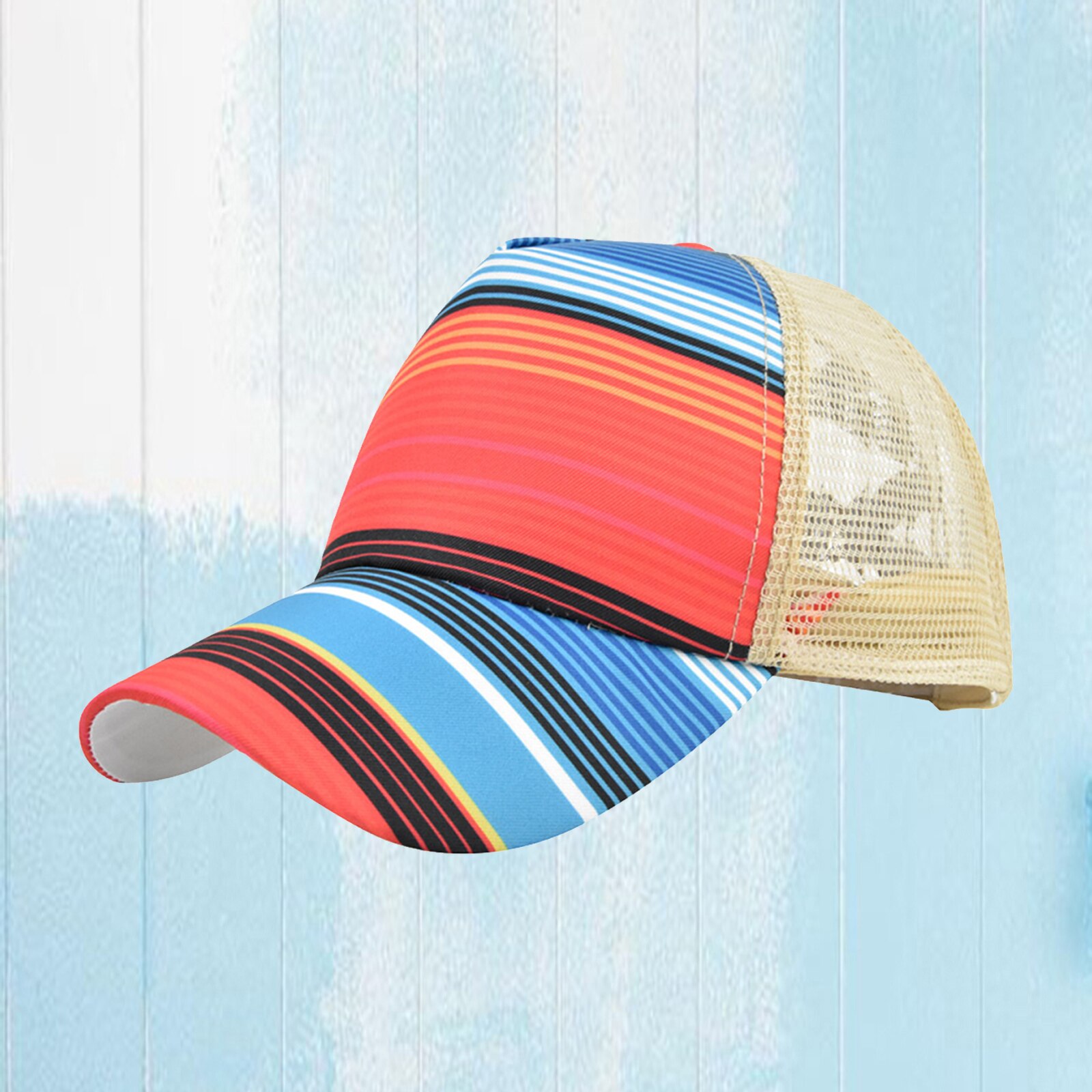 Gorro de cola de caballo entrecruzado para mujer, moño desordenado, coleta alta, malla ajustable, para el sol: Rainbow