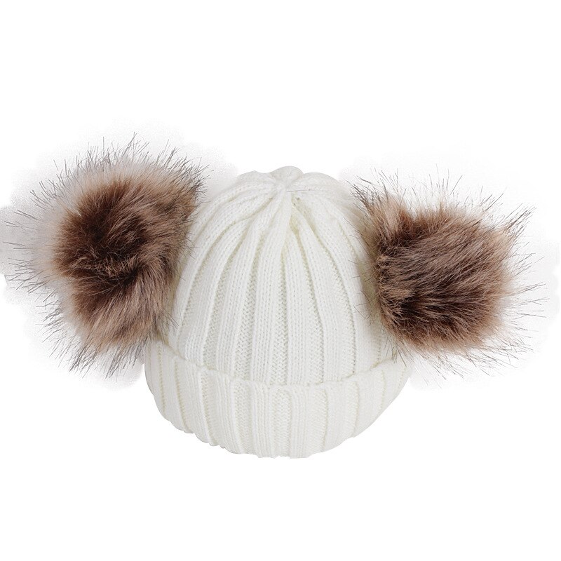 Winter Hüte Ohren Mädchen Jungen Deckel + Schal 2Stck freundlicher einstellen Baby warm Halten freundlicher betroffen Wolle Pelz Doppel Hütte Gestrickte Nette Kappe Schal einstellen: Weiß Hut