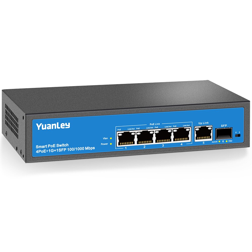YuanLey 4 Hafen Gigabit PoE schalten, 1 Aufwärtsverbindung Gigabit Ethernet und 1 SFP Hafen, poE Plus 802.3af/beim, 78W Eingebaute Strom, Fanless