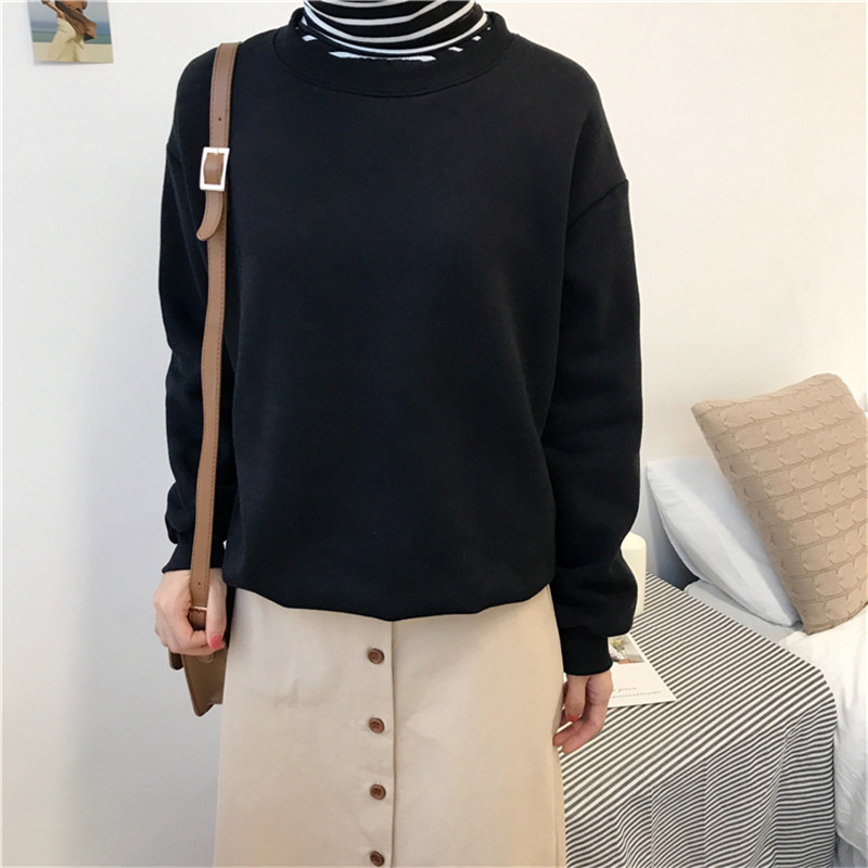 Sudaderas mujer harajuku solid sweatshirt kvinder langærmet hættetrøje løs kvinder hættetrøjer sweatshirts afslappet træningsdragt: Sort