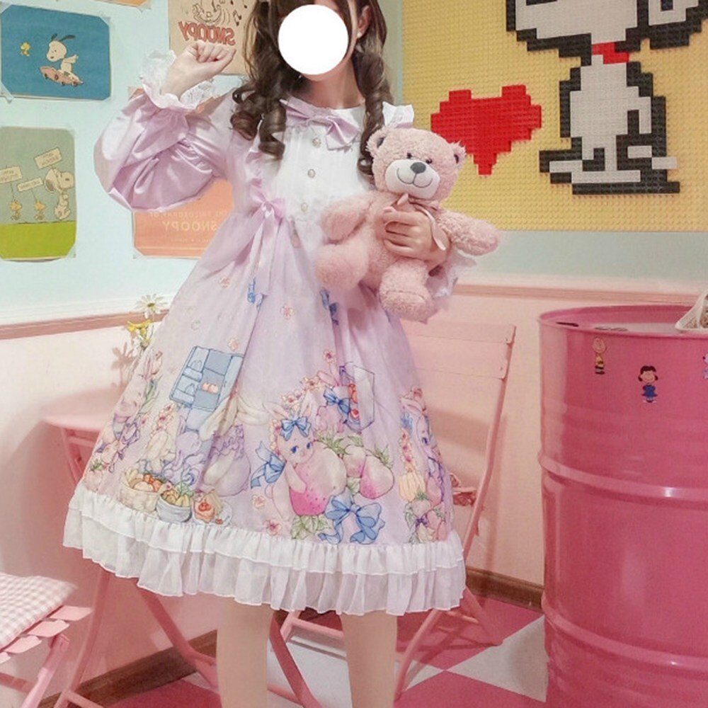 Japonés de chicas vestido Lolita OP vestido sombreros dulce Kawaii lindo vestido-Vestido largo de manga de las mujeres ropa estampada Vestidos AFC536